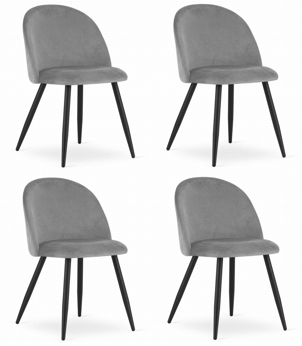 Set of 4 modern dining chairs with soft upholstery and solid legs. Designed for comfort, durability and clean Scandinavian style.
