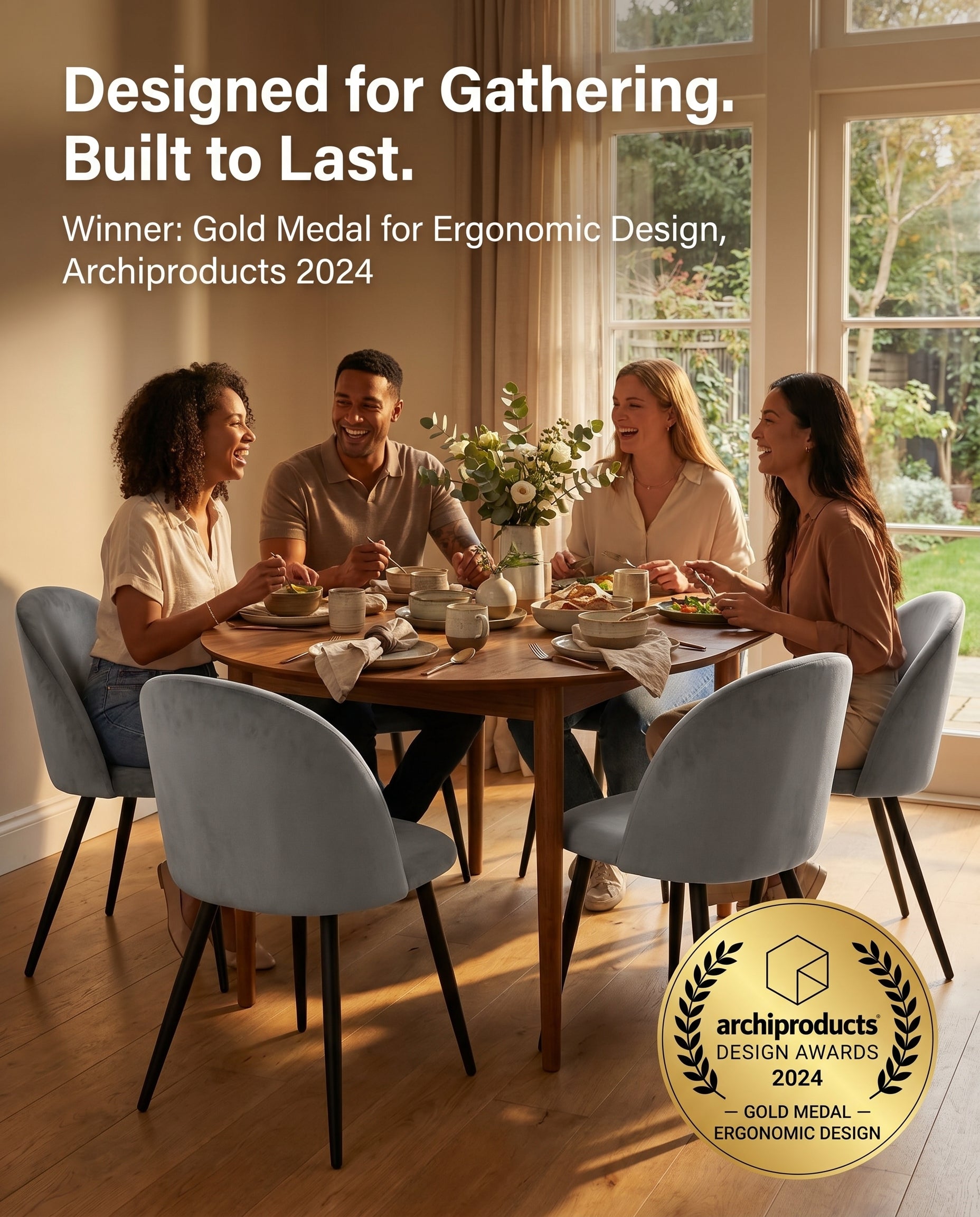 Set of 4 modern dining chairs with soft upholstery and solid legs. Designed for comfort, durability and clean Scandinavian style.